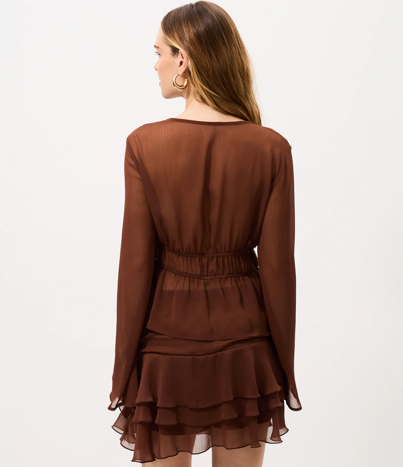 Blusa Manga Longa em Chiffon com Decote V Marrom 4