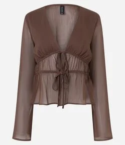 Blusa Manga Longa em Chiffon com Decote V
