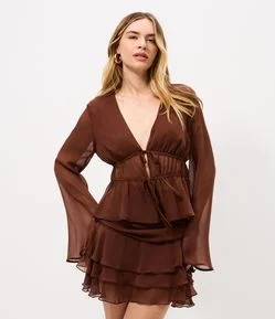 Blusa Manga Longa em Chiffon com Decote V
