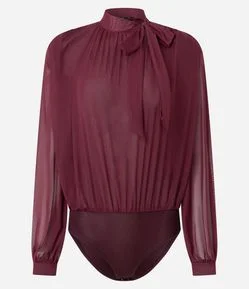 Body em Tule com Gola Laço e Manga Longa