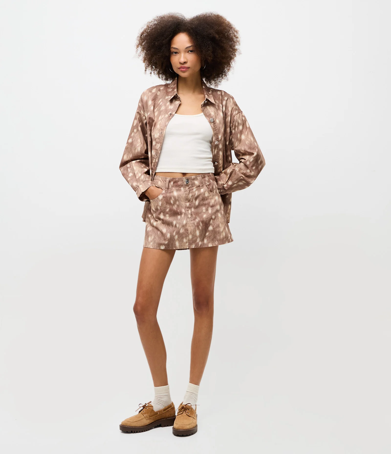 Minissaia em Sarja com Estampa Animal Print Bambi Marrom Clara 1