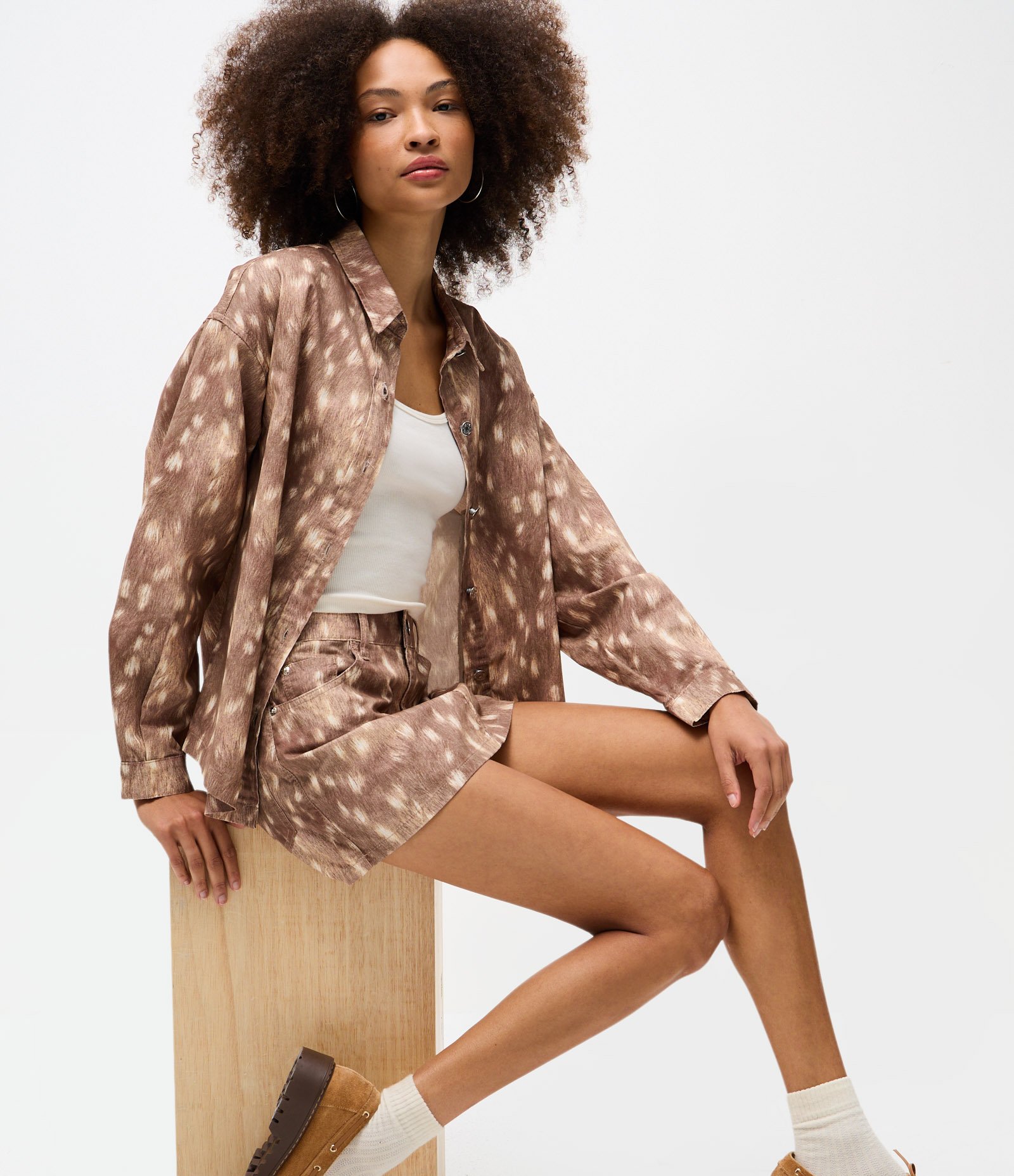 Minissaia em Sarja com Estampa Animal Print Bambi Marrom Clara 4