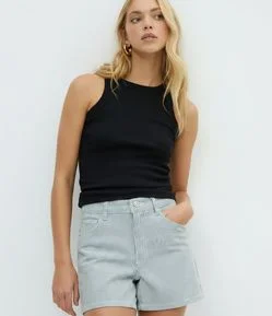 Short Sarja Mom Listrado com Cintura Alta