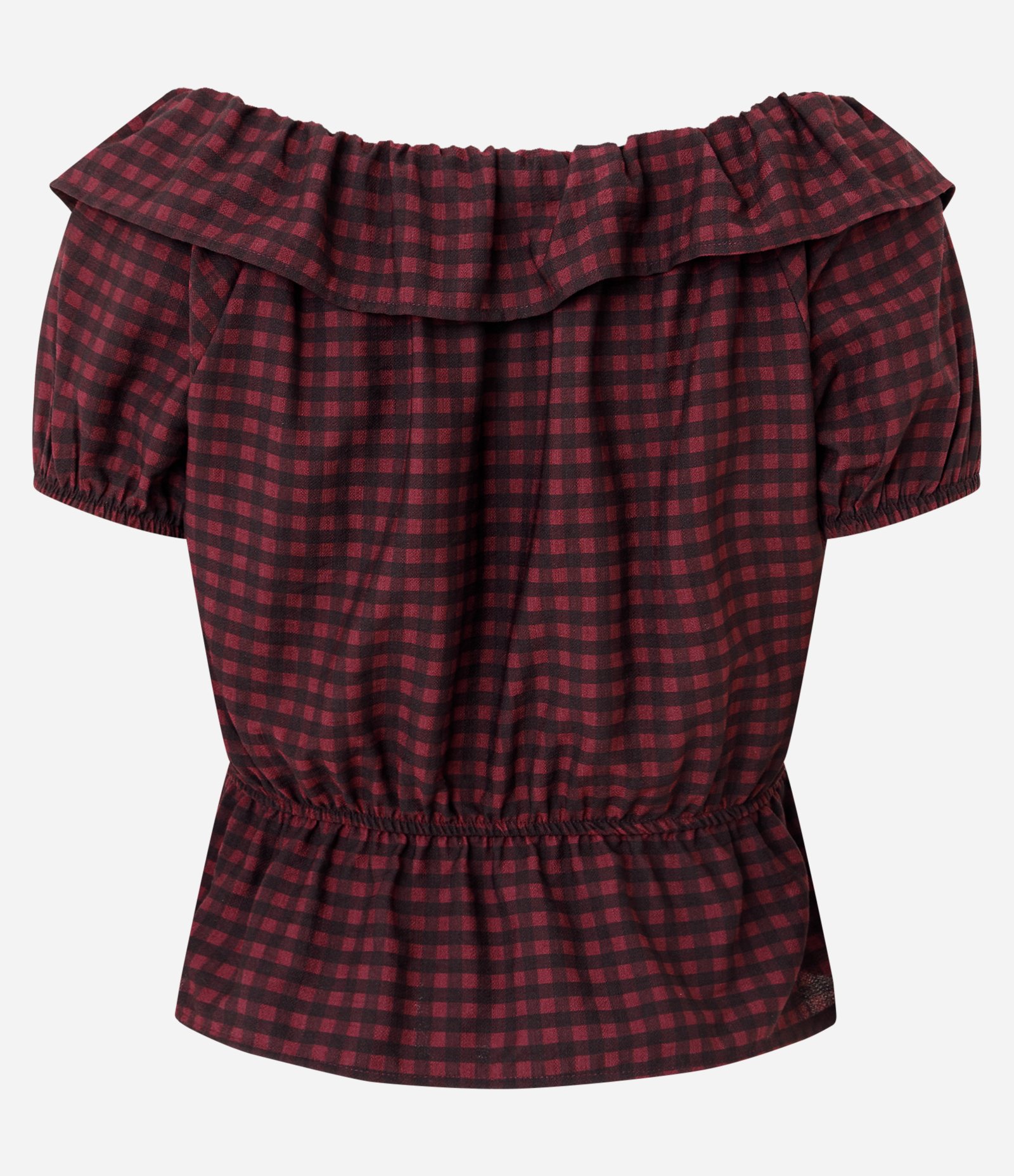 Blusa Bata em Viscose Xadrez com Amarração e Babado Vermelho 2