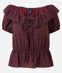 Blusa Bata em Viscose Xadrez com Amarração e Babado