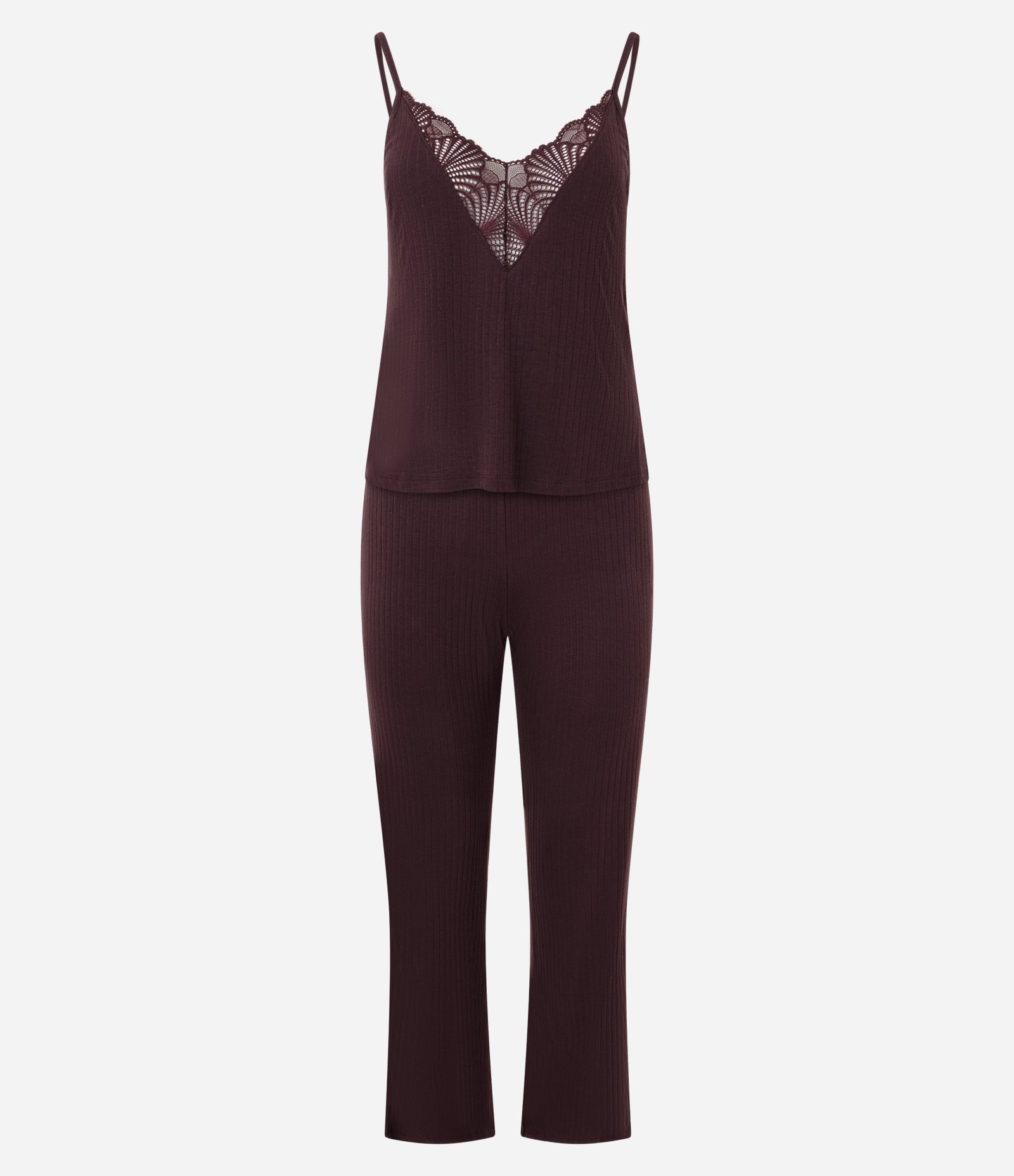 Pijama Longo em Ribana com Detalhe de Renda Marrom 5