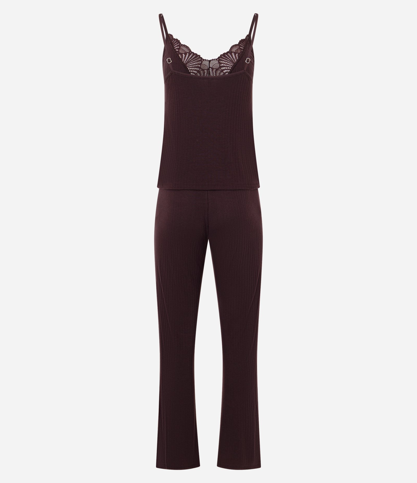 Pijama Longo em Ribana com Detalhe de Renda Marrom 7
