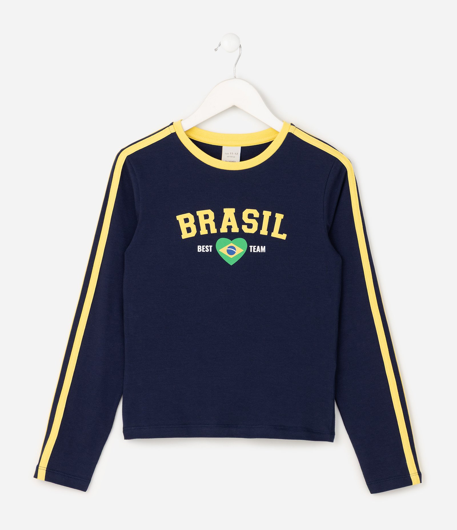 Baby Look Infantil com Lettering Brasil e Listras Contrastantes – Tam 5 a 16 Anos Azul Marinho 1