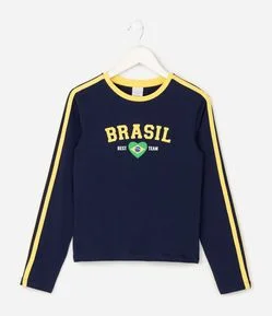 Baby Look Infantil com Lettering Brasil e Listras Contrastantes – Tam 5 a 16 Anos