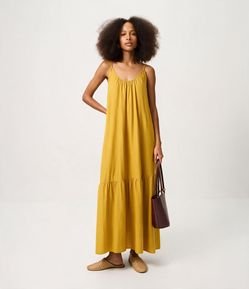 Vestido Longo em Viscolinho com Decote U e Alças Finas