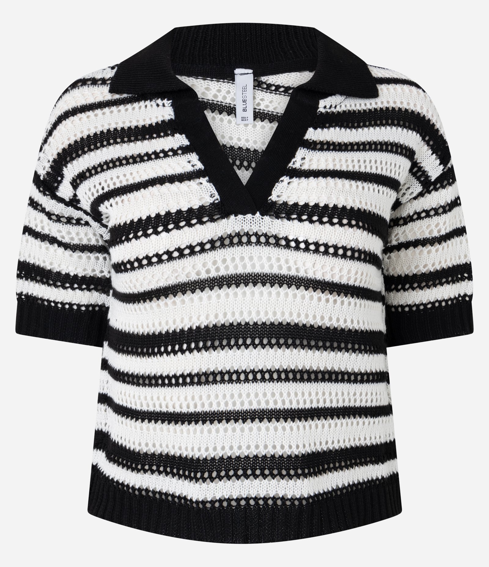 Blusa Polo em Tricô Listrado com Ponto Aberto Branco e Preto 1
