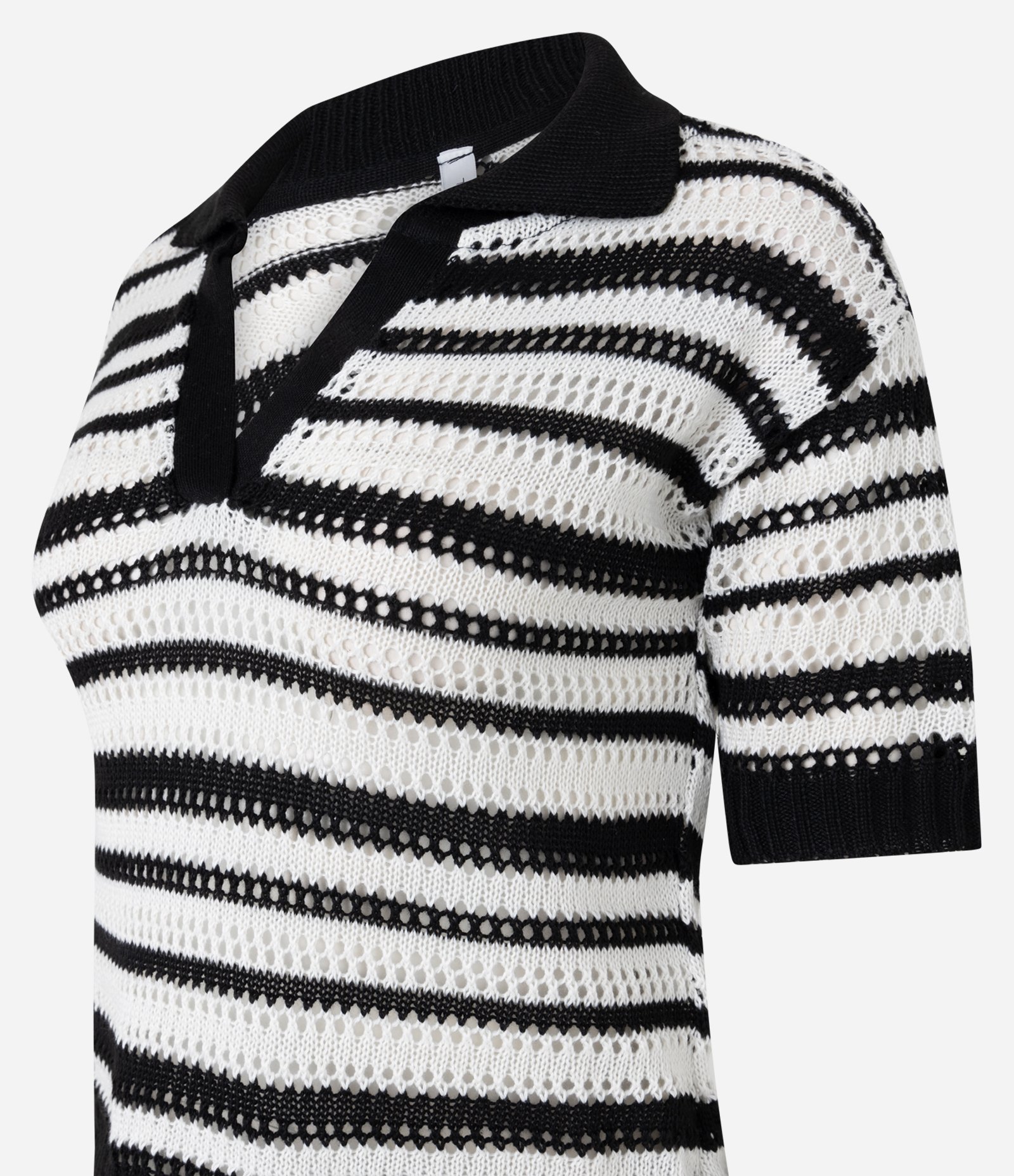 Blusa Polo em Tricô Listrado com Ponto Aberto Branco e Preto 2