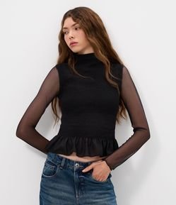 Blusa Peplum em Tule com Transparência na Manga
