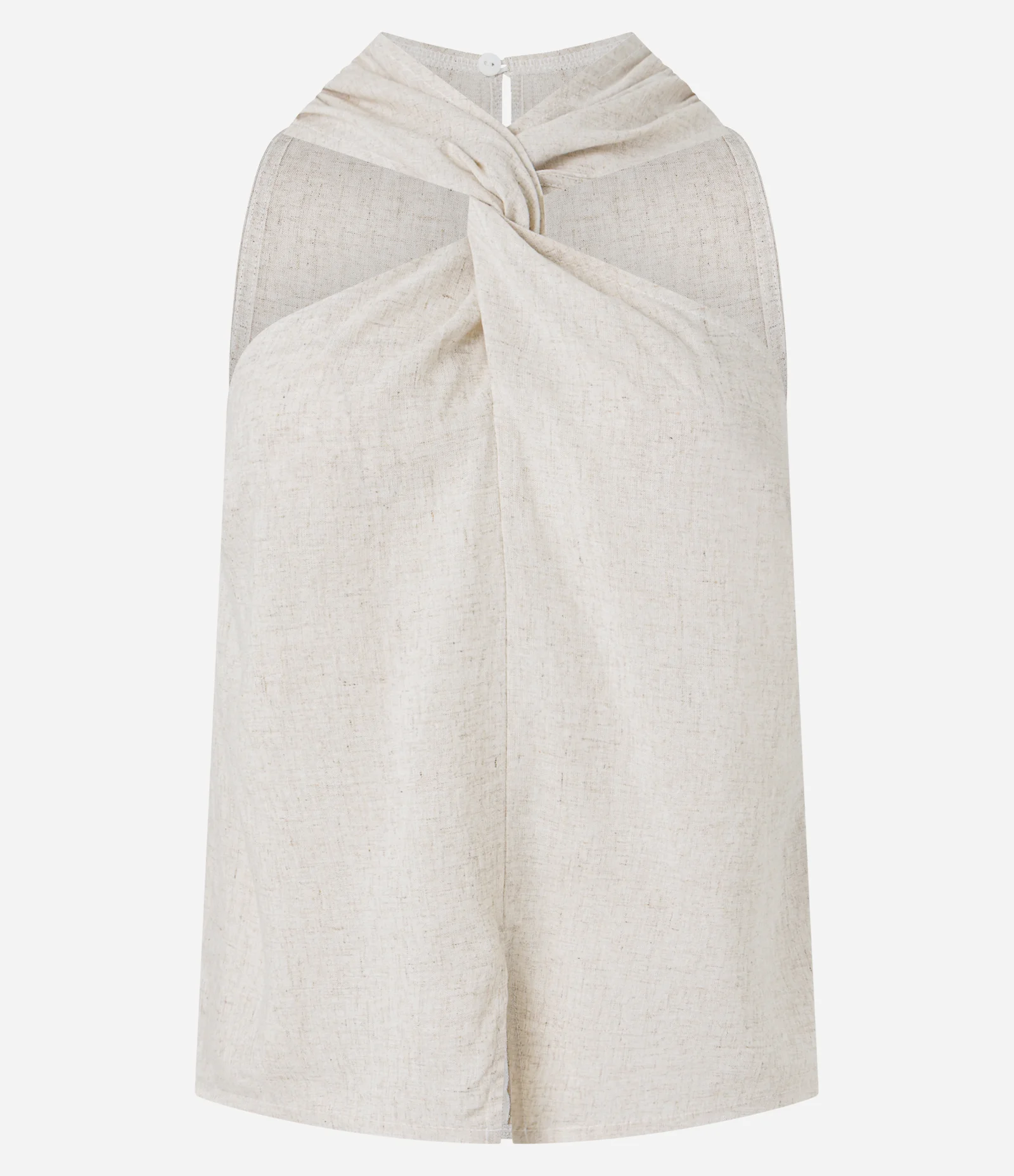 Blusa em Viscolinho com Decote Halter Torcido e Fenda Frontal Bege 1