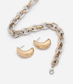 Conjunto de Colar Corrente e Brinco Meia Argola