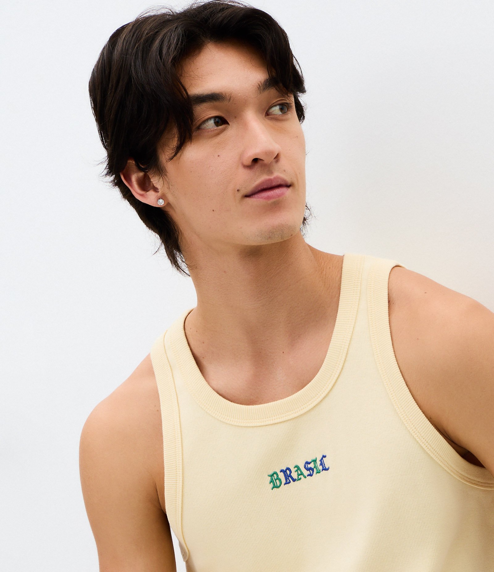 Regata Muscle em Ribana com Bordado Brasil Amarelo 1
