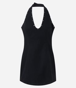 Vestido Frente Única em Sarja com Tachas no Decote