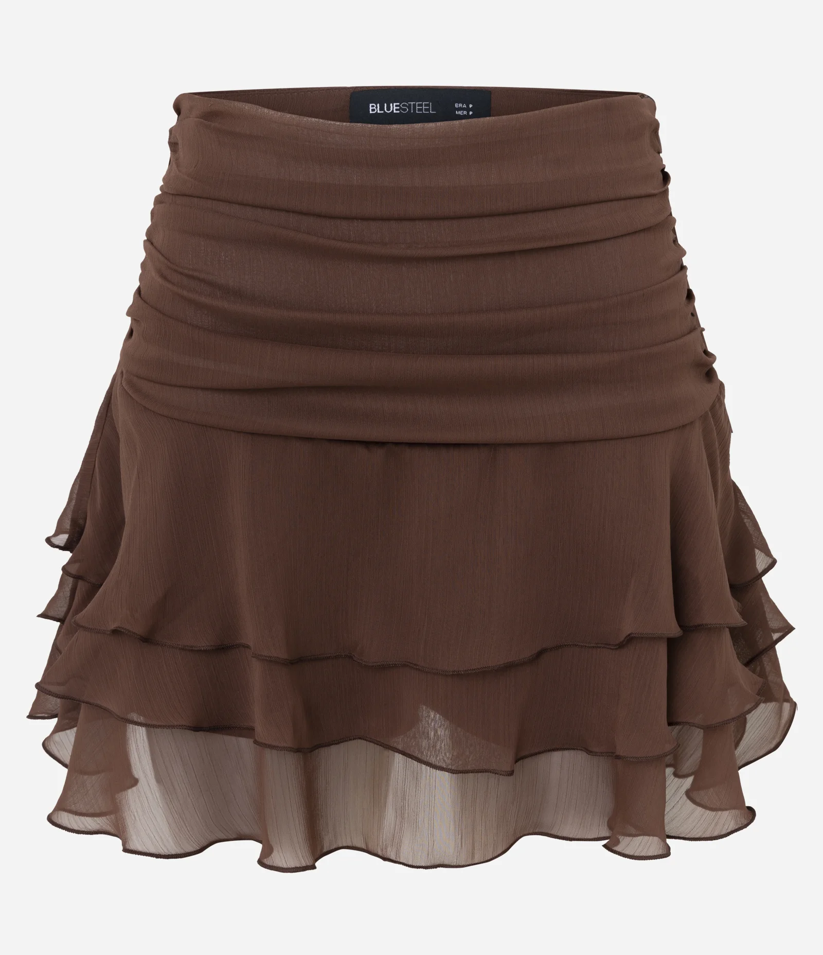 Saia Curta em Chiffon com Babados Franzidos Marrom 1