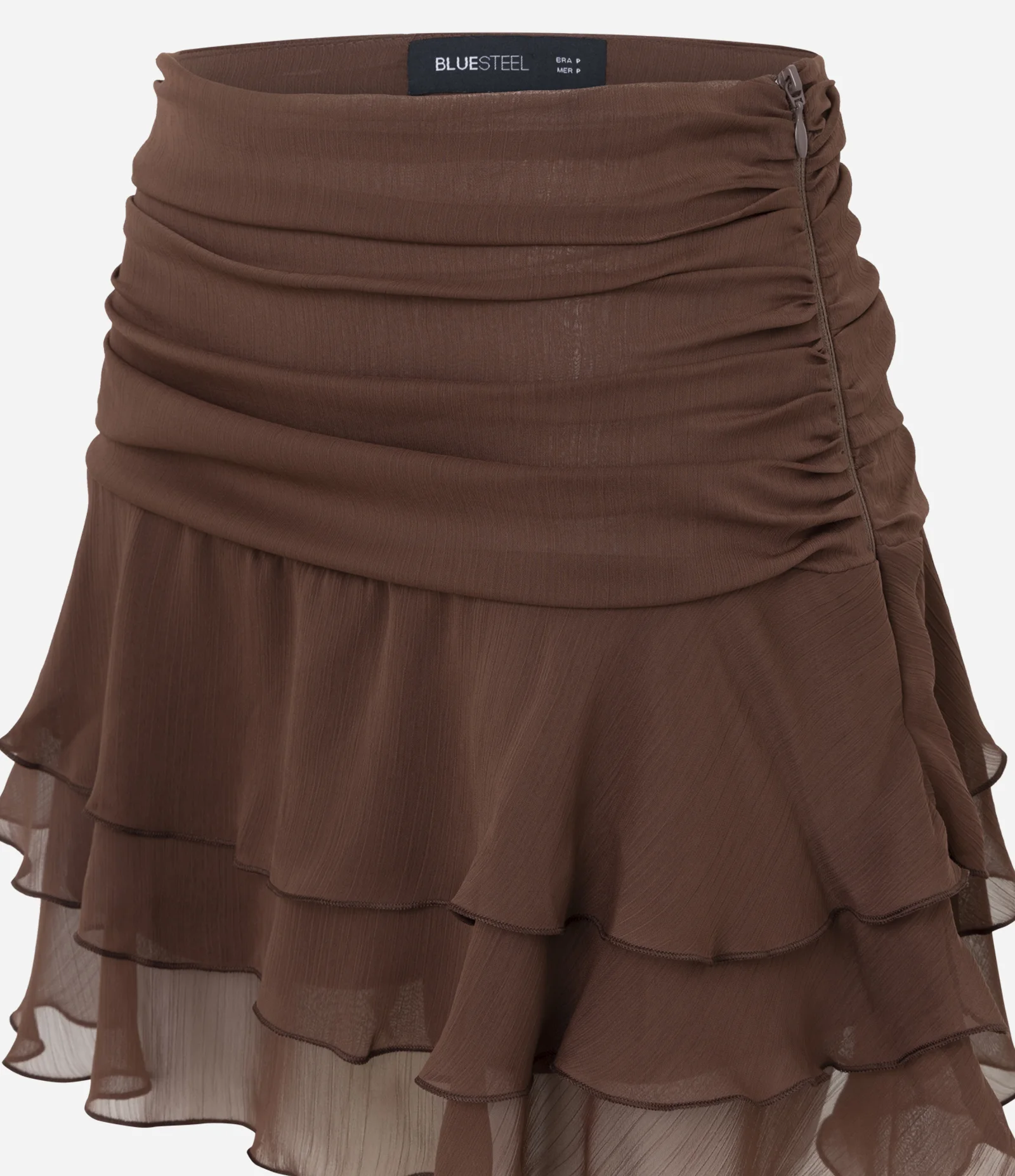 Saia Curta em Chiffon com Babados Franzidos Marrom 2