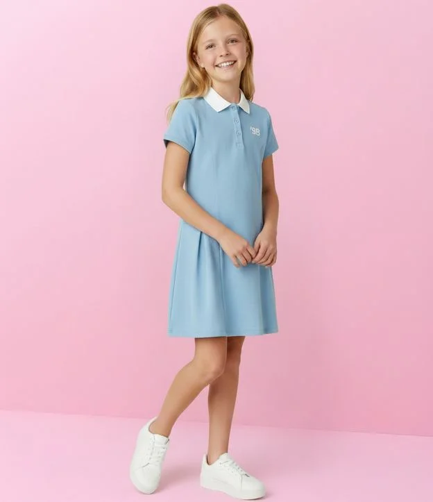 Vestido Infantil com Gola Polo e Lettering – Tam 5 a 16 Anos