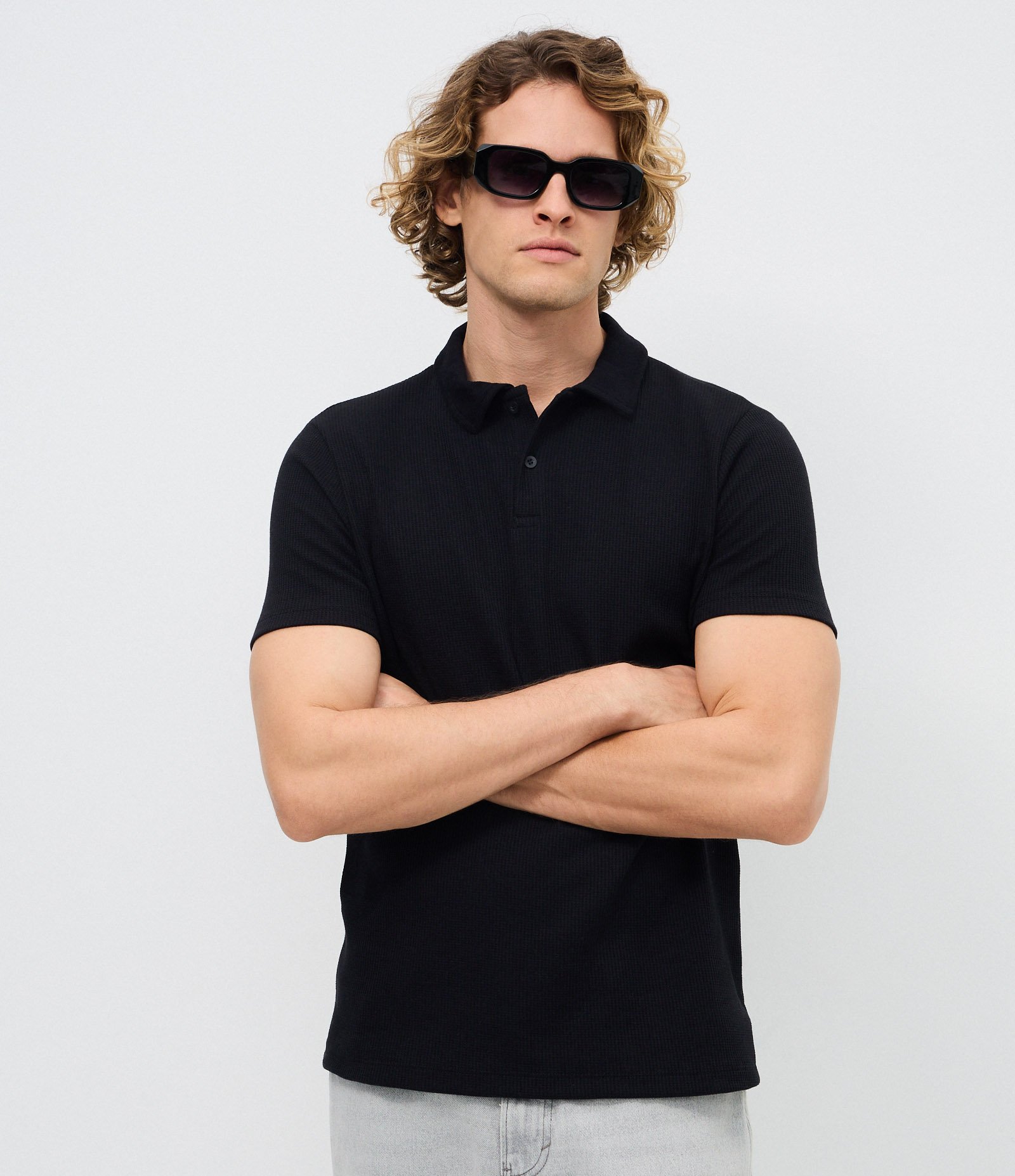 Polo Manga Curta Waffle Texturizada Preto 1