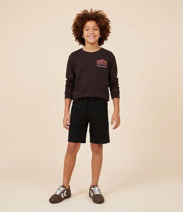 Camiseta Manga Longa Texturizada com Bordado - 5 a 14 Anos Marrom