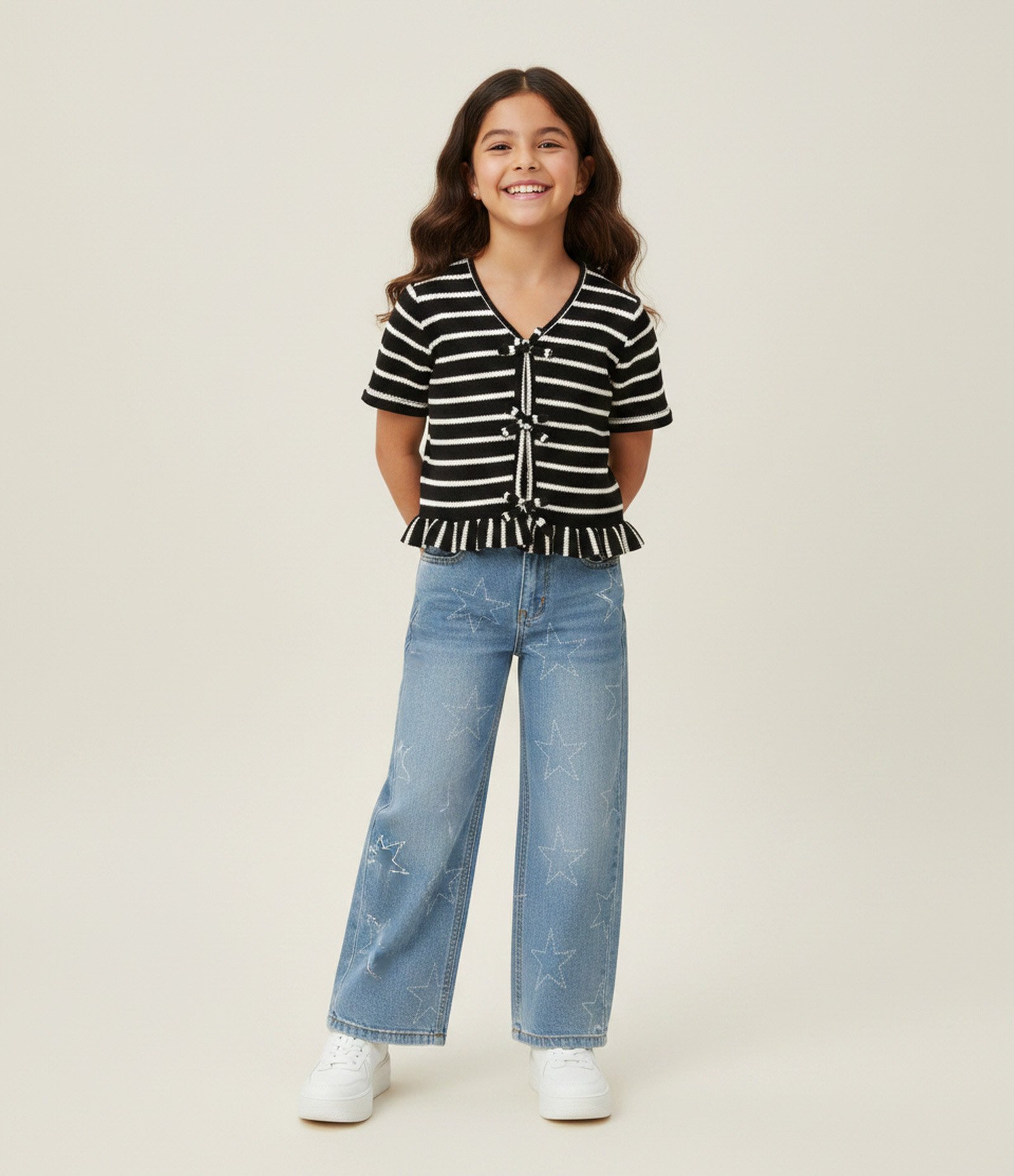 Blusa Infantil Listrada com Laços Frontais - Tam 7 a 16 Anos Preto 1