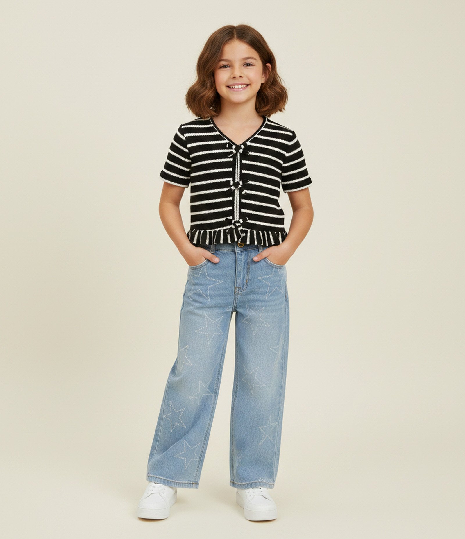 Blusa Infantil Listrada com Laços Frontais - Tam 7 a 16 Anos Preto 2