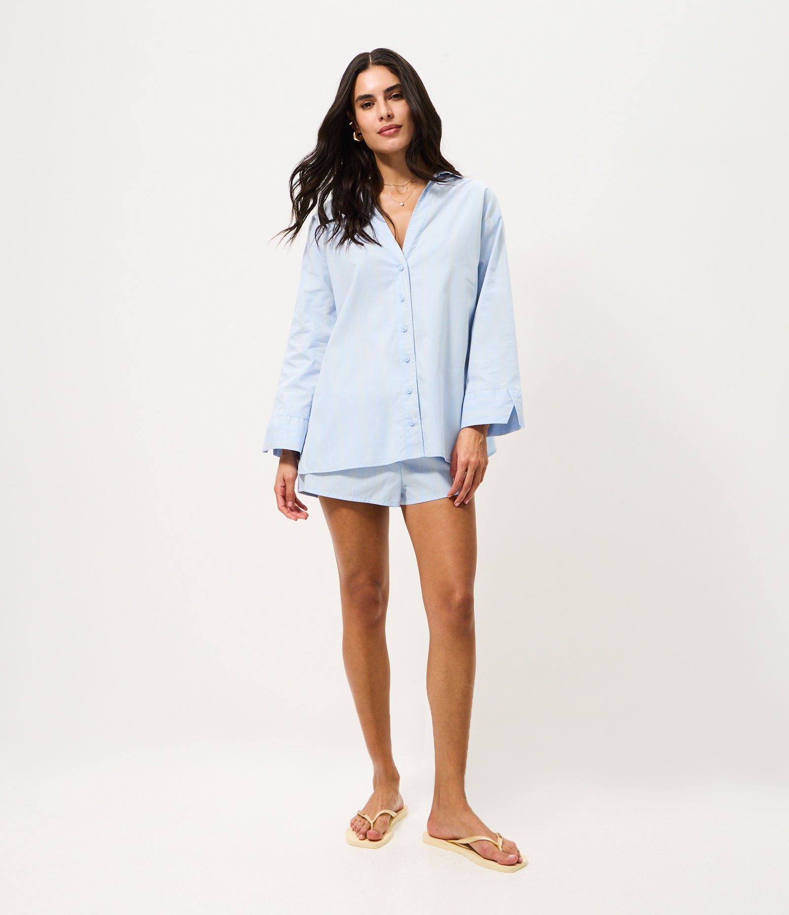 Saída de Praia Camisa em Algodão com Listras e Abertura nas Costas Azul 2