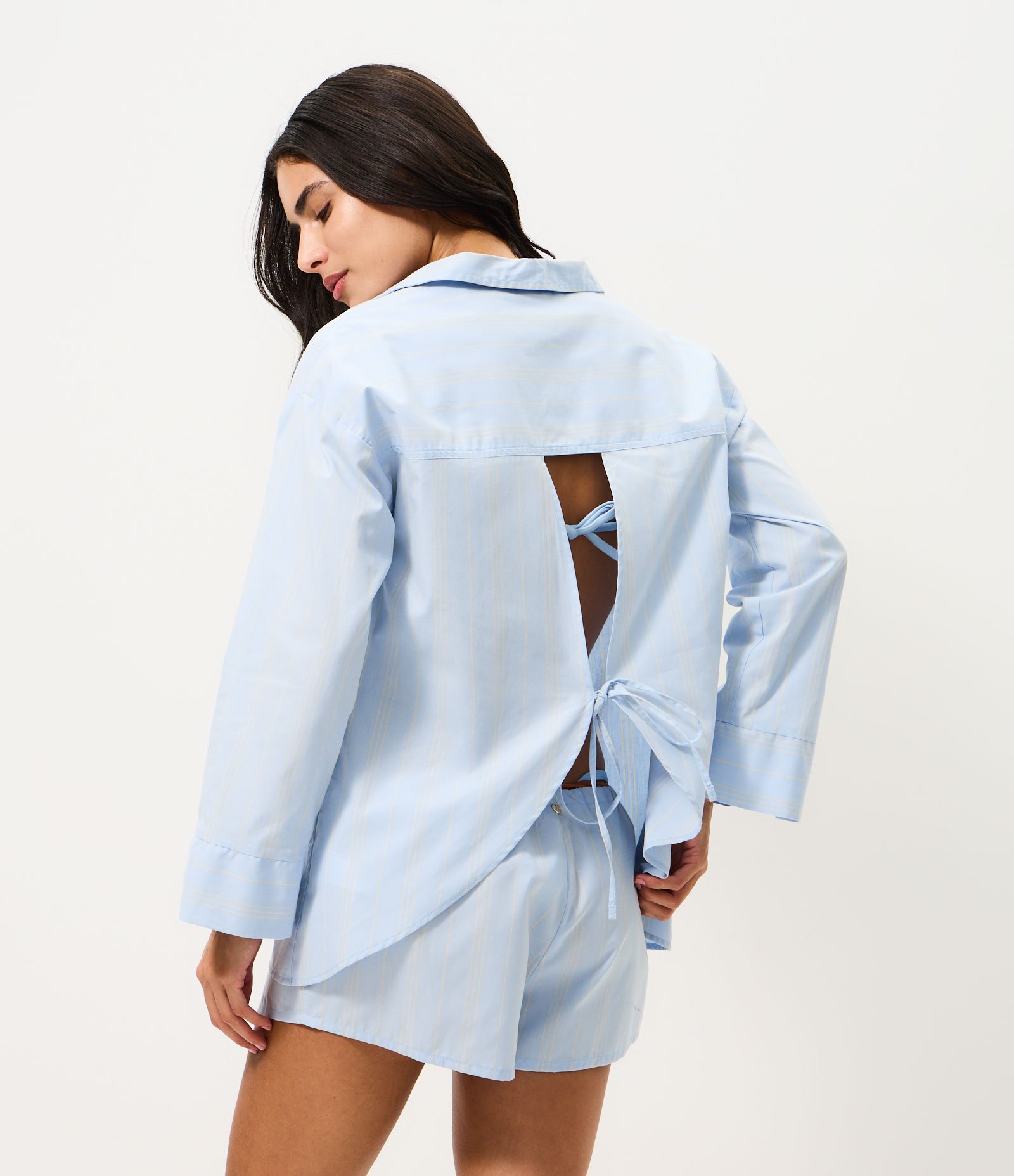 Saída de Praia Camisa em Algodão com Listras e Abertura nas Costas Azul 4