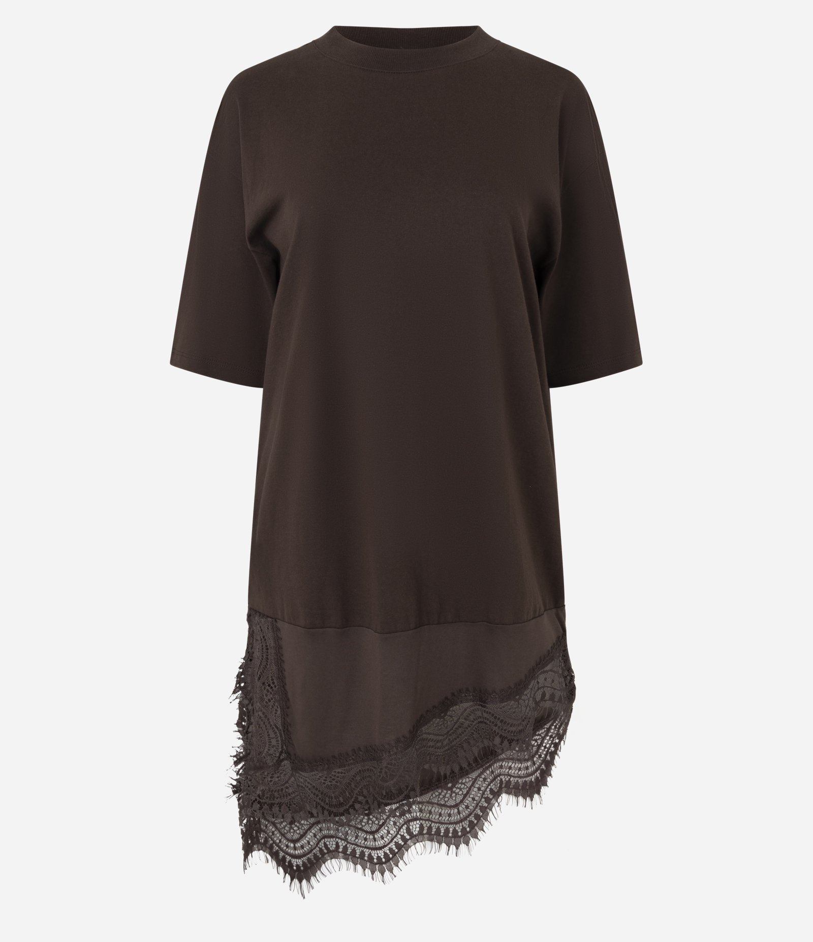 Camiseta Oversized em Algodão com Barra Assimétrica Rendada Marrom 5