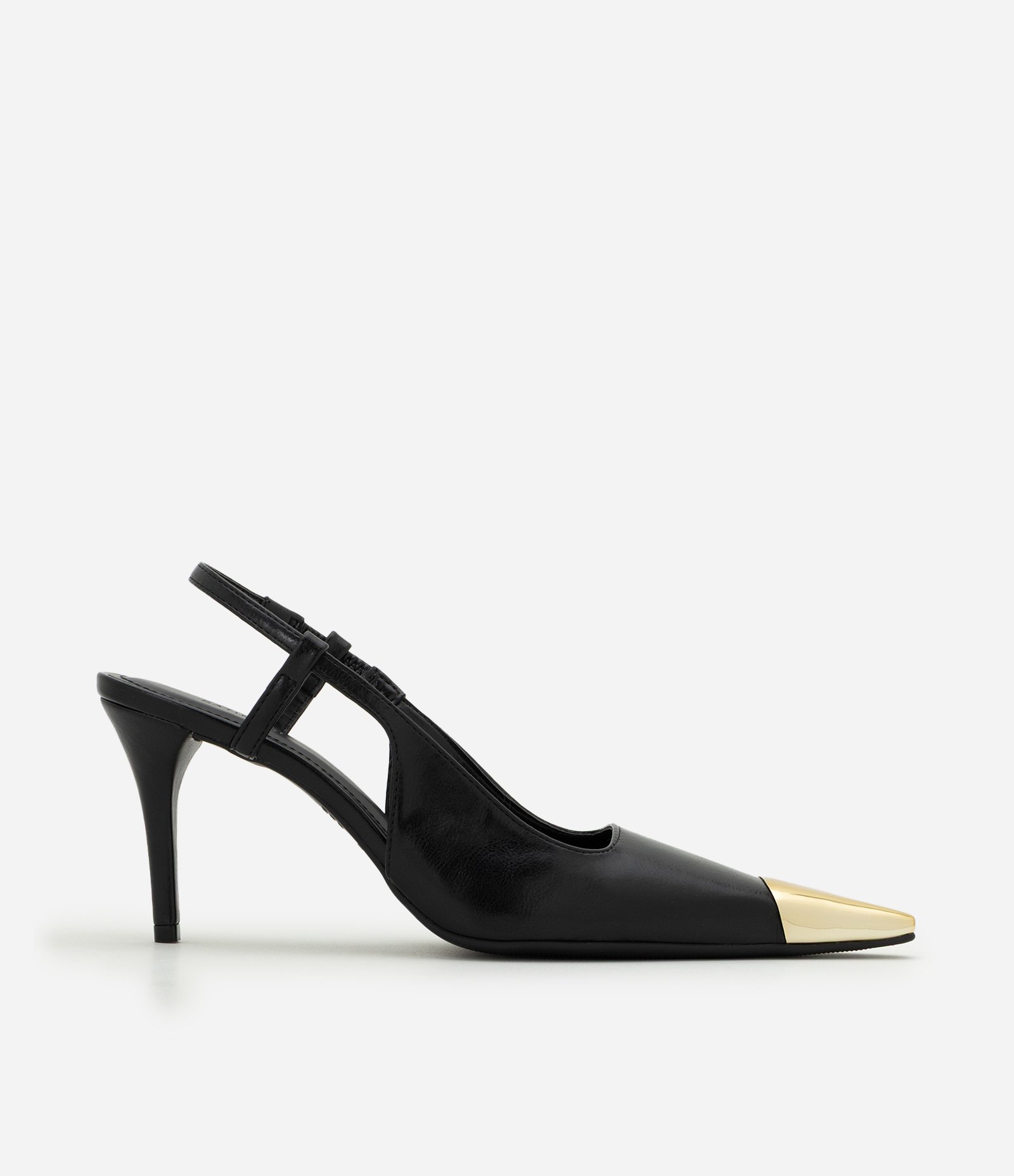 Sapato Scarpin em PU com Bico Fino e Biqueira Metalizada Preto 1