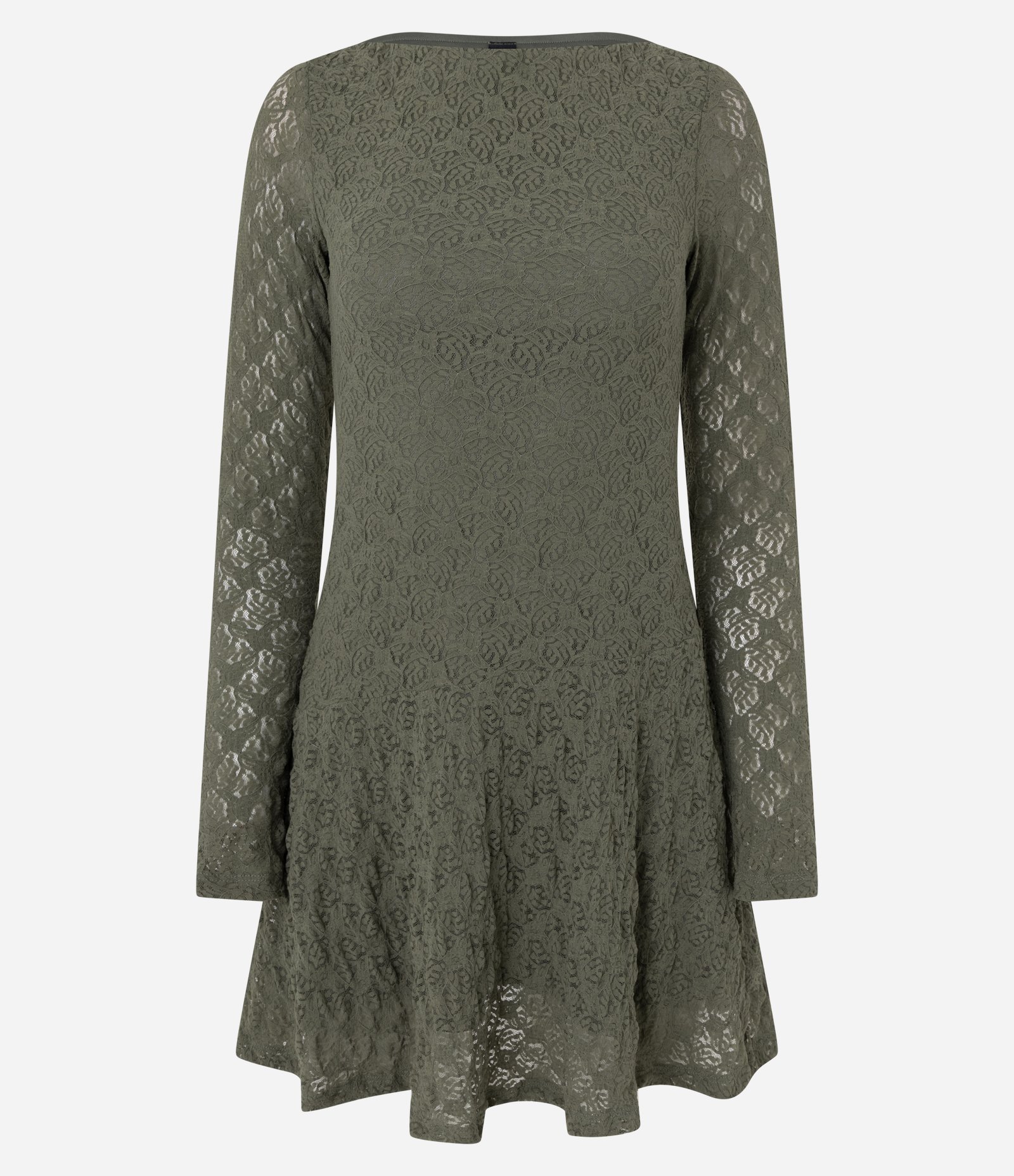 Vestido Curto Evasê em Renda com Manga Longa Verde 1