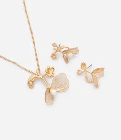 Conjunto de Colar e Brincos com Pingente de Flor e Pérola