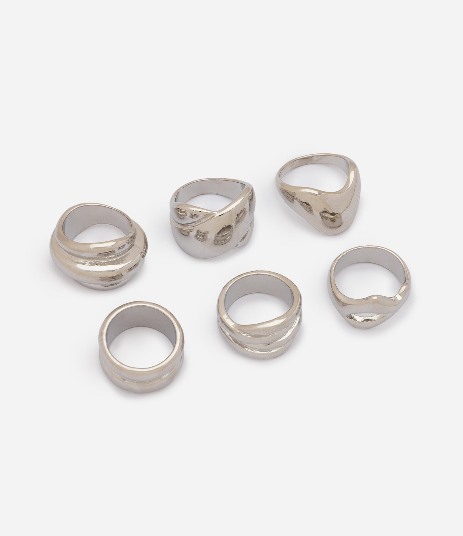 Kit 06 Anéis Orgânicos em Metal com Textura Plissada Prata 1