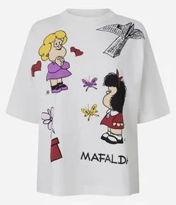 Camiseta Boxy em Algodão com Estampa Mafalda