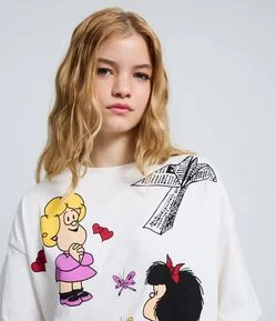Camiseta Boxy em Algodão com Estampa Mafalda