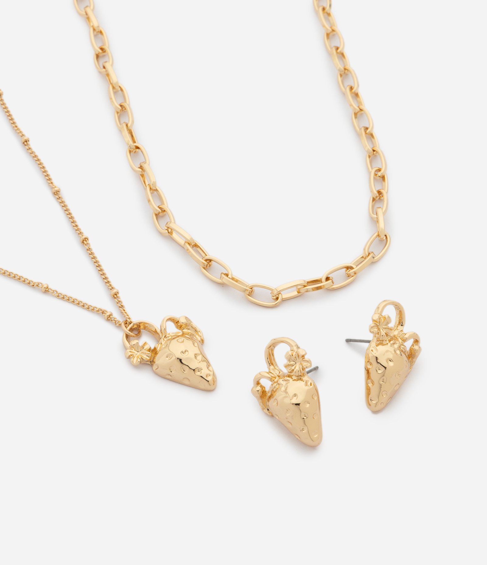 Conjunto Colar Camadas e Brincos com Pingente de Morango Dourado 1