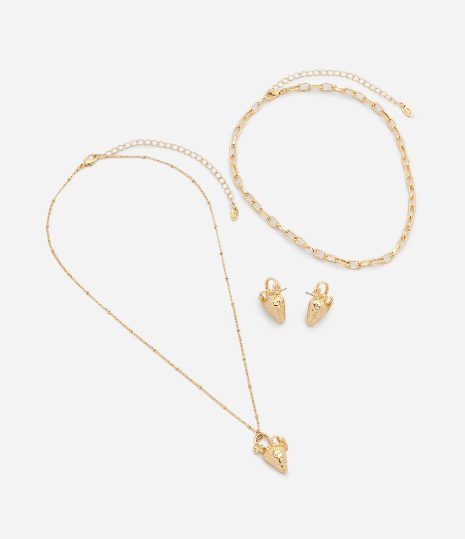 Conjunto Colar Camadas e Brincos com Pingente de Morango Dourado 2