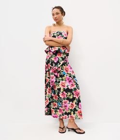 Saia Midi em Tricoline com Estampa Floral e Drapeado na Cintura
