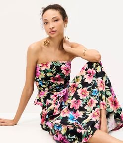 Blusa Tomara que Caia em Tricoline com Estampa Floral e Drapeado