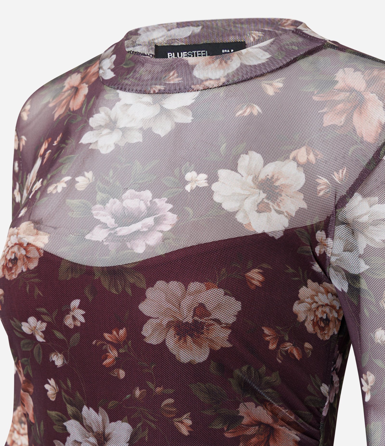 Vestido Midi em Tule com Estampa Floral e Gola Alta Roxo 6