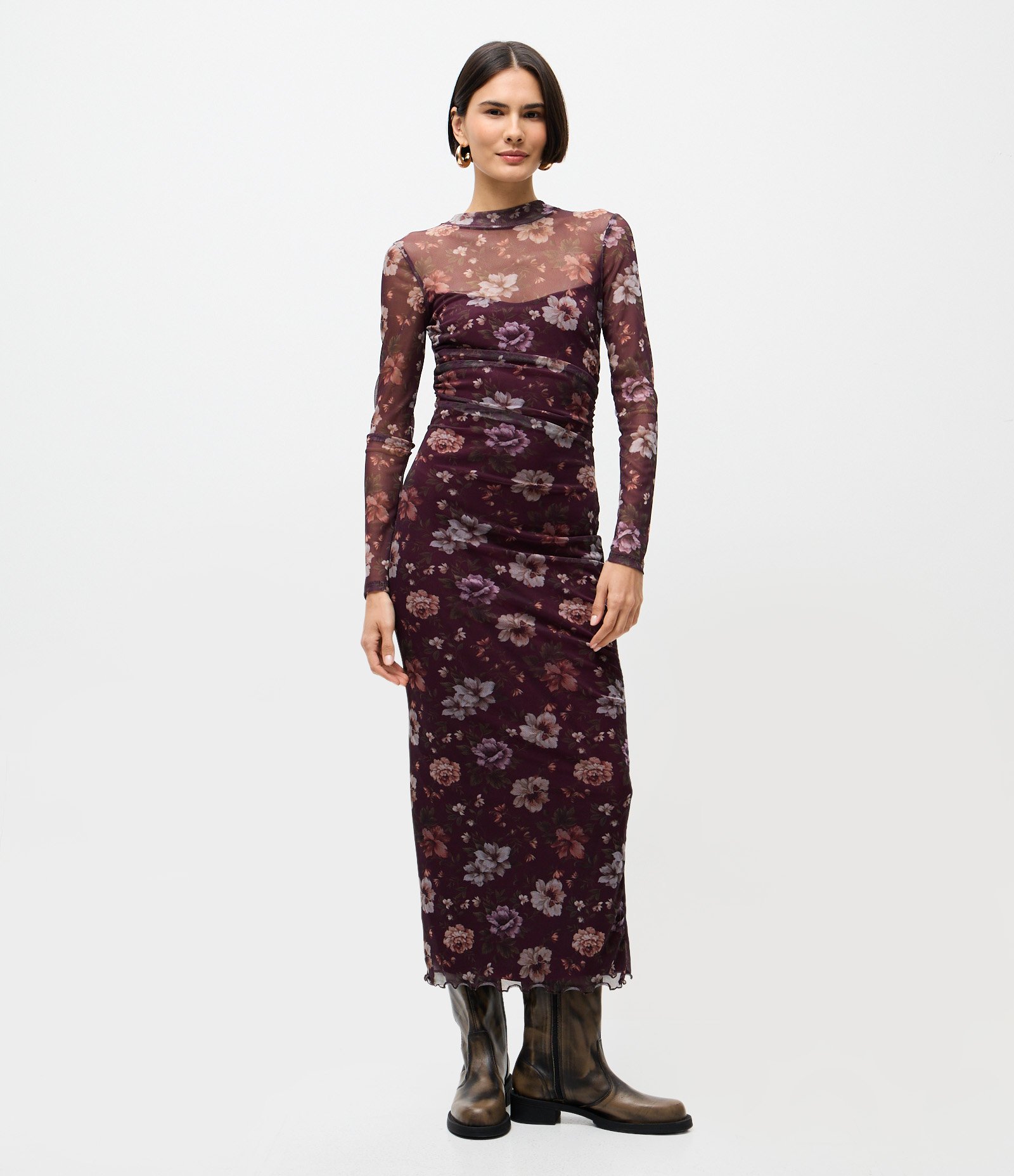 Vestido Midi em Tule com Estampa Floral e Gola Alta Roxo 1