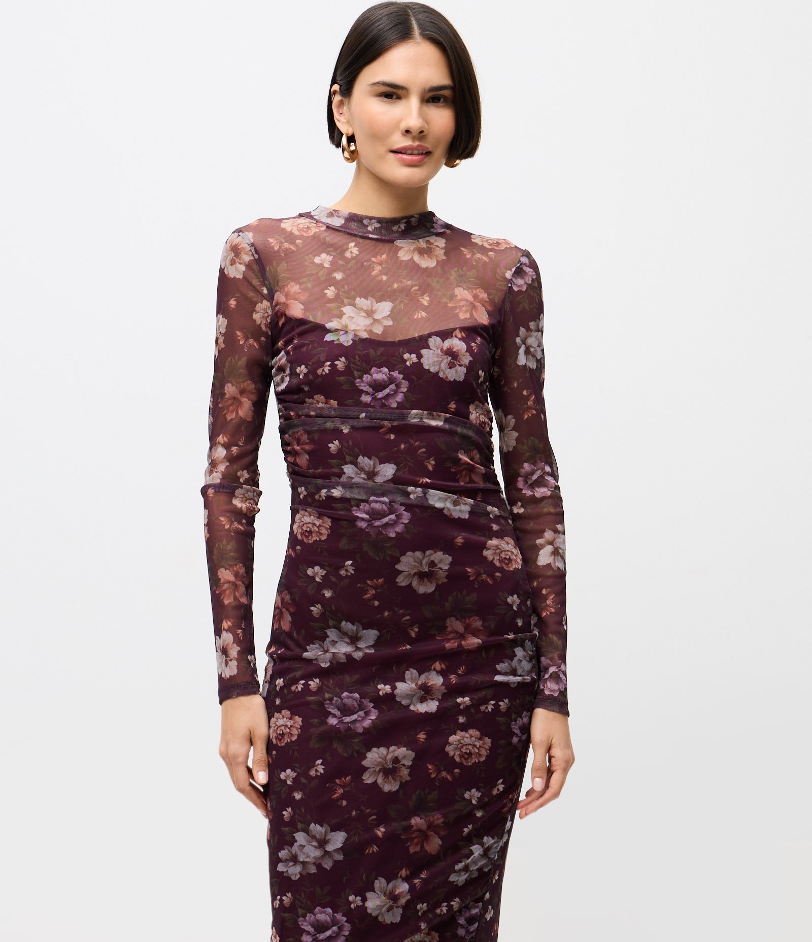 Vestido Midi em Tule com Estampa Floral e Gola Alta Roxo 2