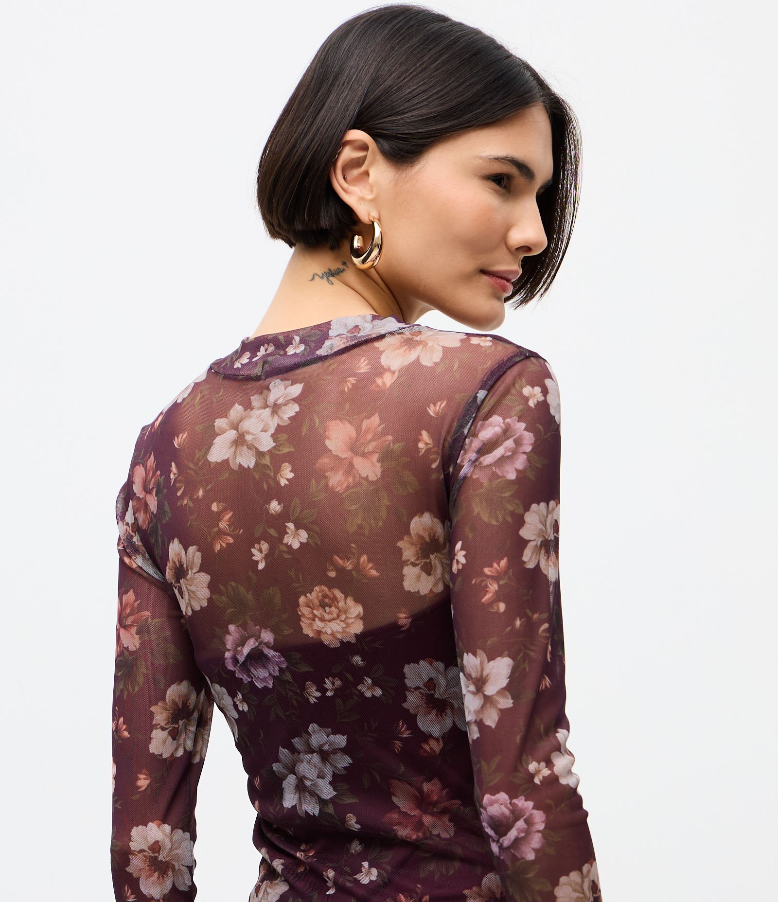Vestido Midi em Tule com Estampa Floral e Gola Alta Roxo 4