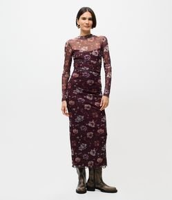 Vestido Midi em Tule com Estampa Floral e Gola Alta