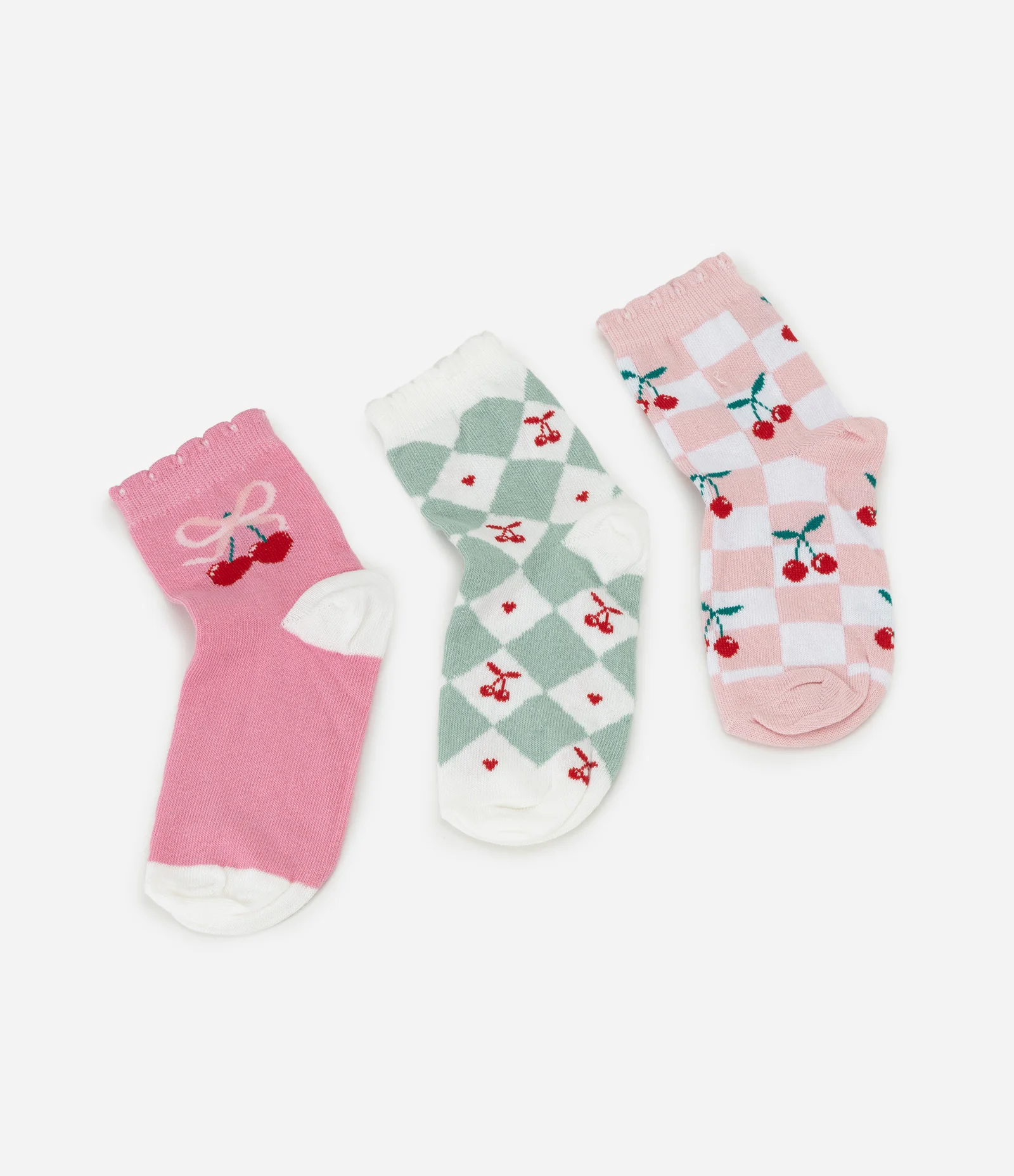 Kit 03 Pares de Meias Infantil com Estampa de Cerejas – Tam 19 a 34 Rosa/Verde 2