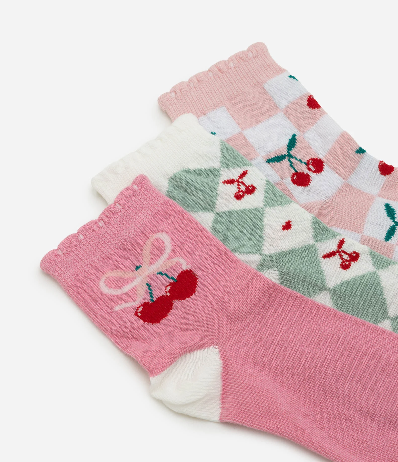 Kit 03 Pares de Meias Infantil com Estampa de Cerejas – Tam 19 a 34 Rosa/Verde 3