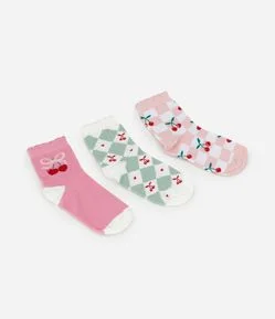 Kit 03 Pares de Meias Infantil com Estampa de Cerejas – Tam 19 a 34