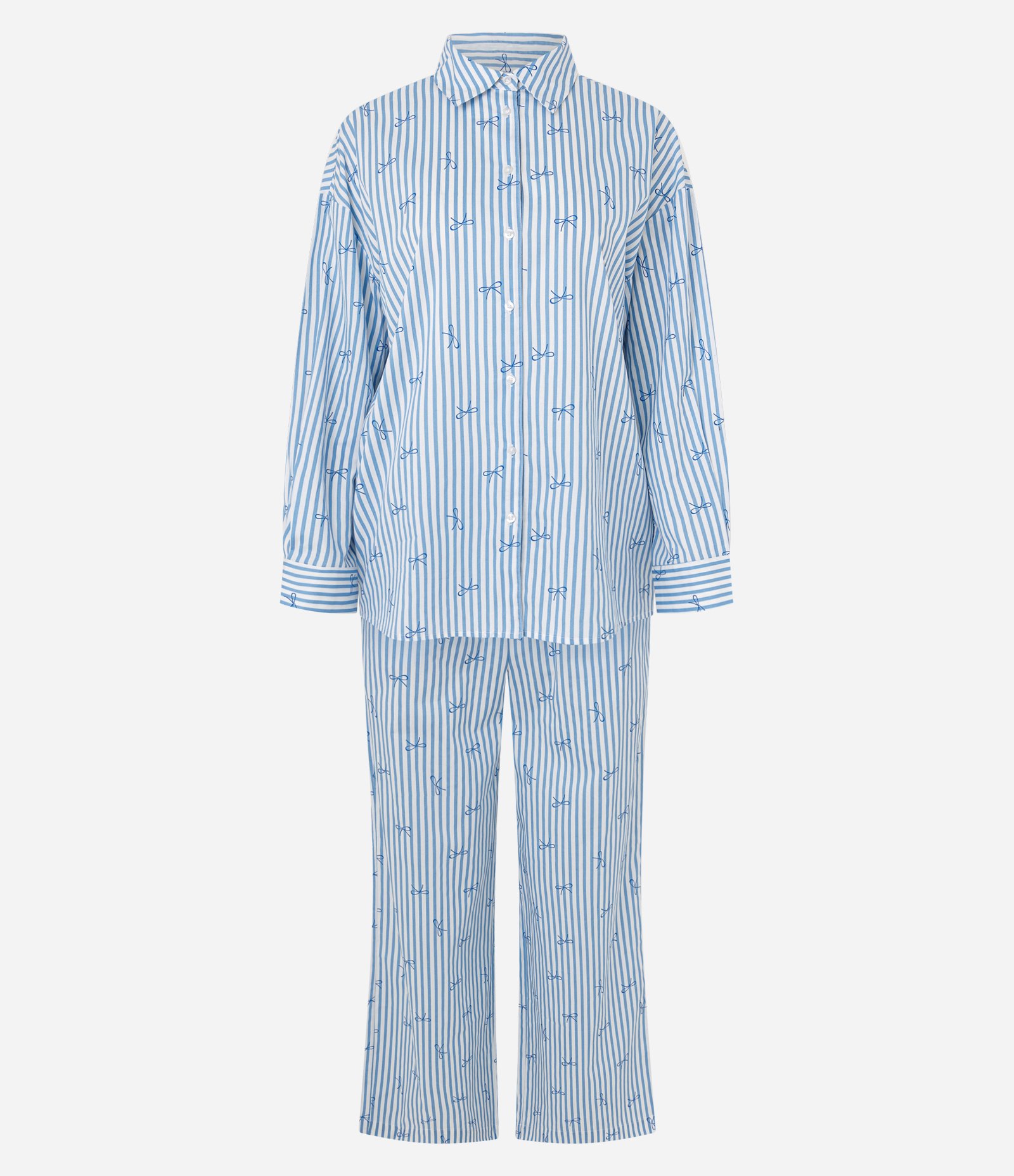 Pijama Longo Americano em Algodão Listrado com Laços Azul 4